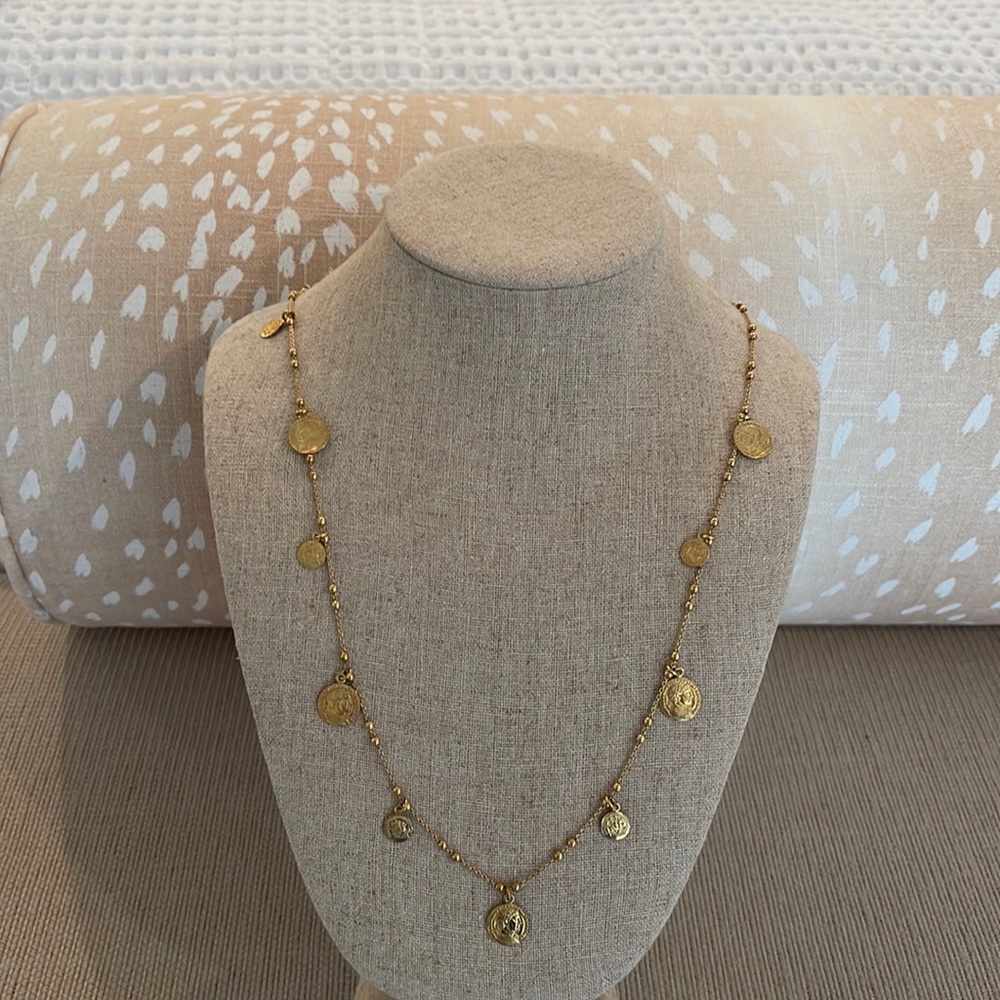Long coin necklace. 31” long. Gold plated sterling silver stamped.